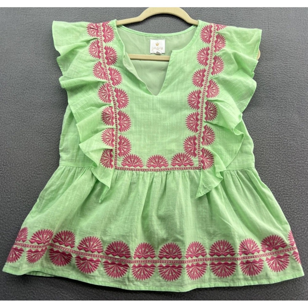 J.Marie Blouse Womens XS Green Embroidered Floral Tunic Ruffle Sleeveless V Neck